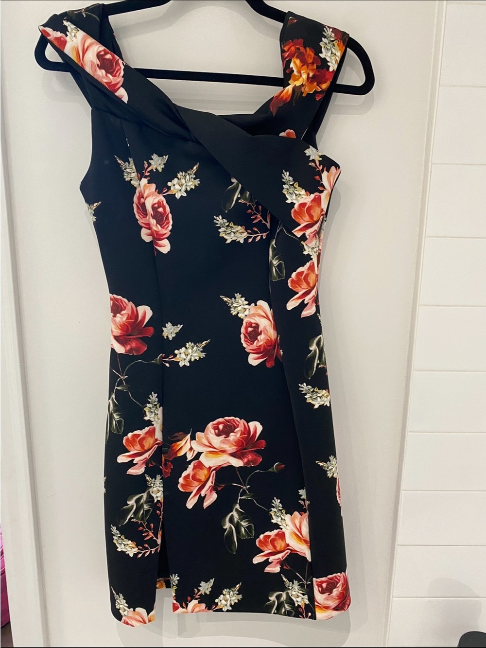 Guess Black Midi Dress with Pink and Coral Rose Print